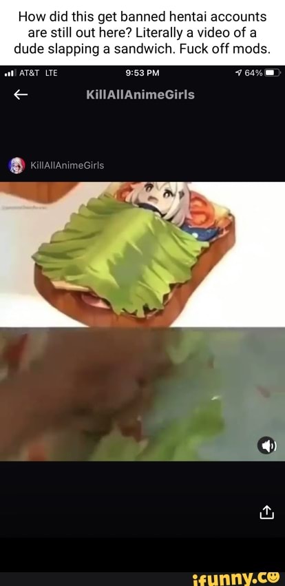 How did this get banned hentai accounts are still out here? Literally a video of a
dude slapping a sandwich. Fuck off mods.
ATAT LTE. PM
KillAllAnimeGirls