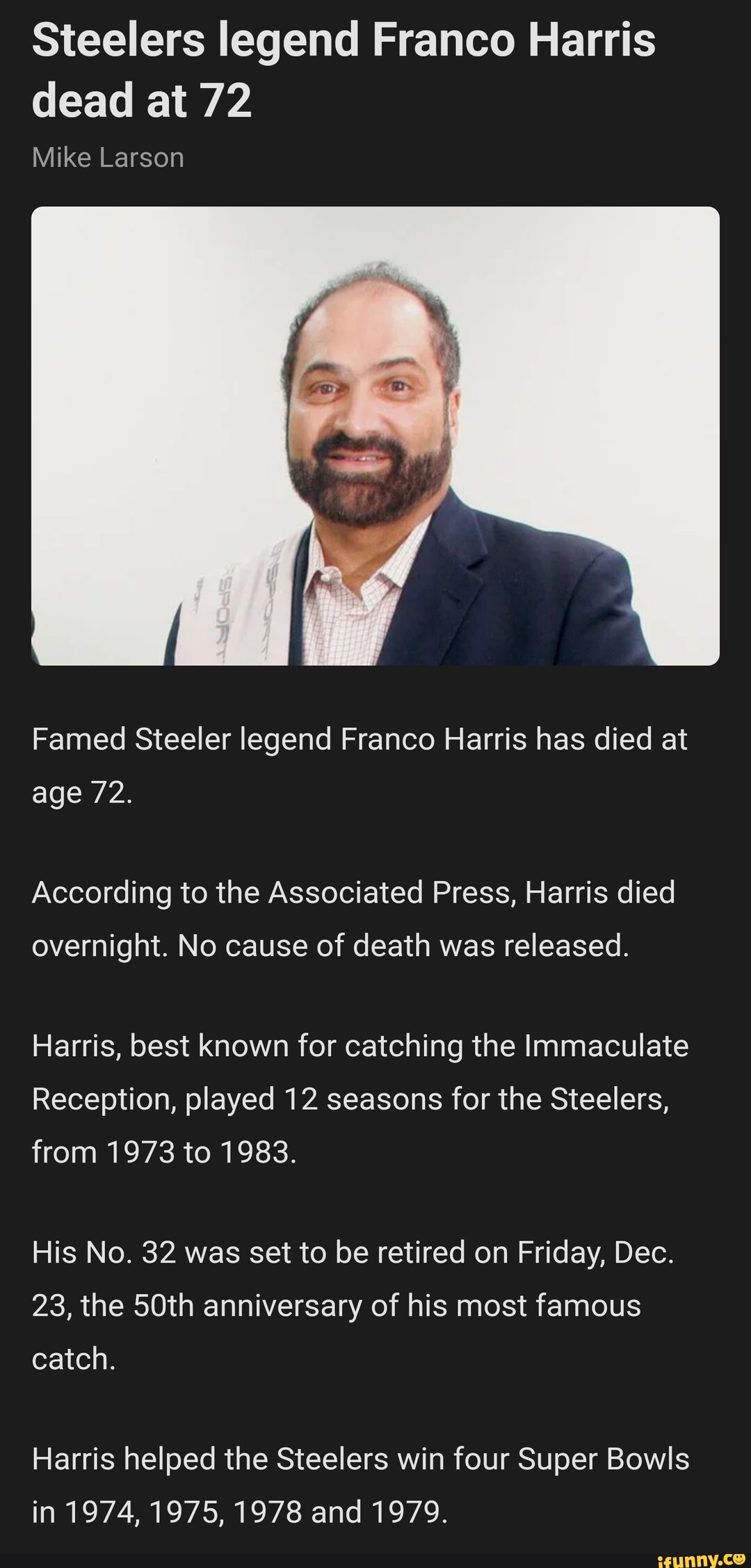 Steelers legend Franco Harris dead at 72