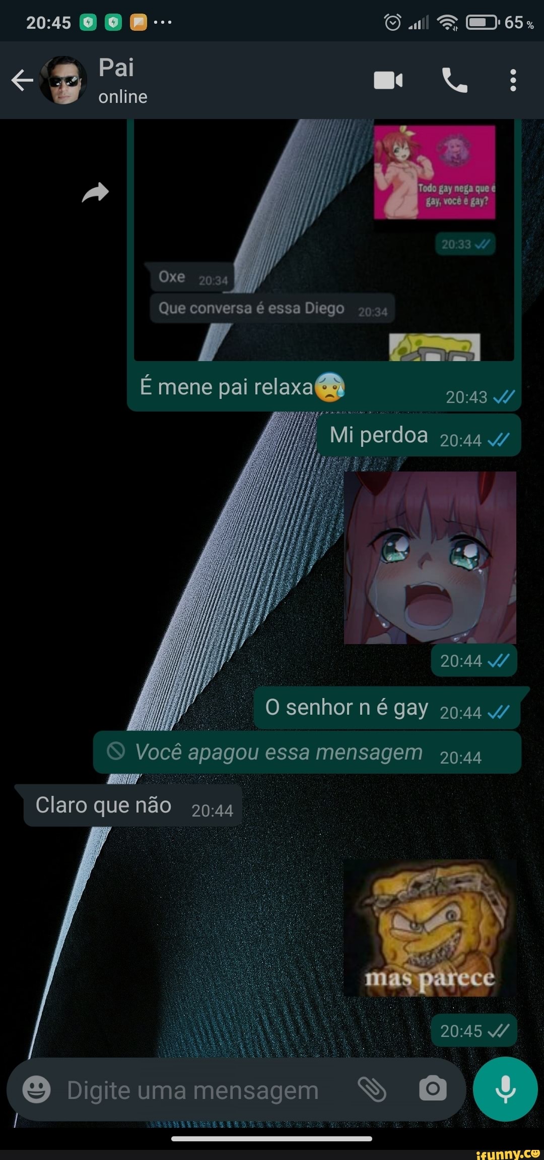 Pai
online
Oxe
Que conversa é essa D ego 34
E mene pai relaxa 2043
Mi perdoa
O senhor n é gay
Você apagou essa mensagem
Claro que não
mas
Digite uma mensagem SSS