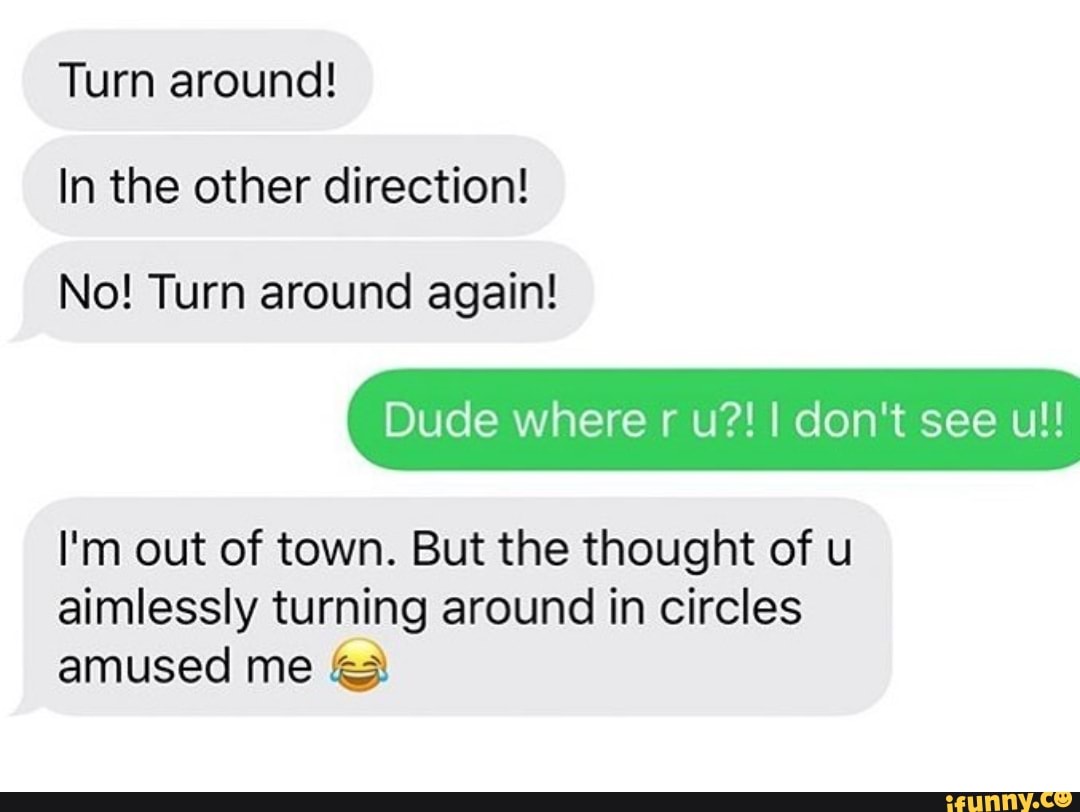 Turn around!
In the other direction!
No! Turn around again!
I'm out of town. But the thought of u
aimlessly turning around in circles
amused me
