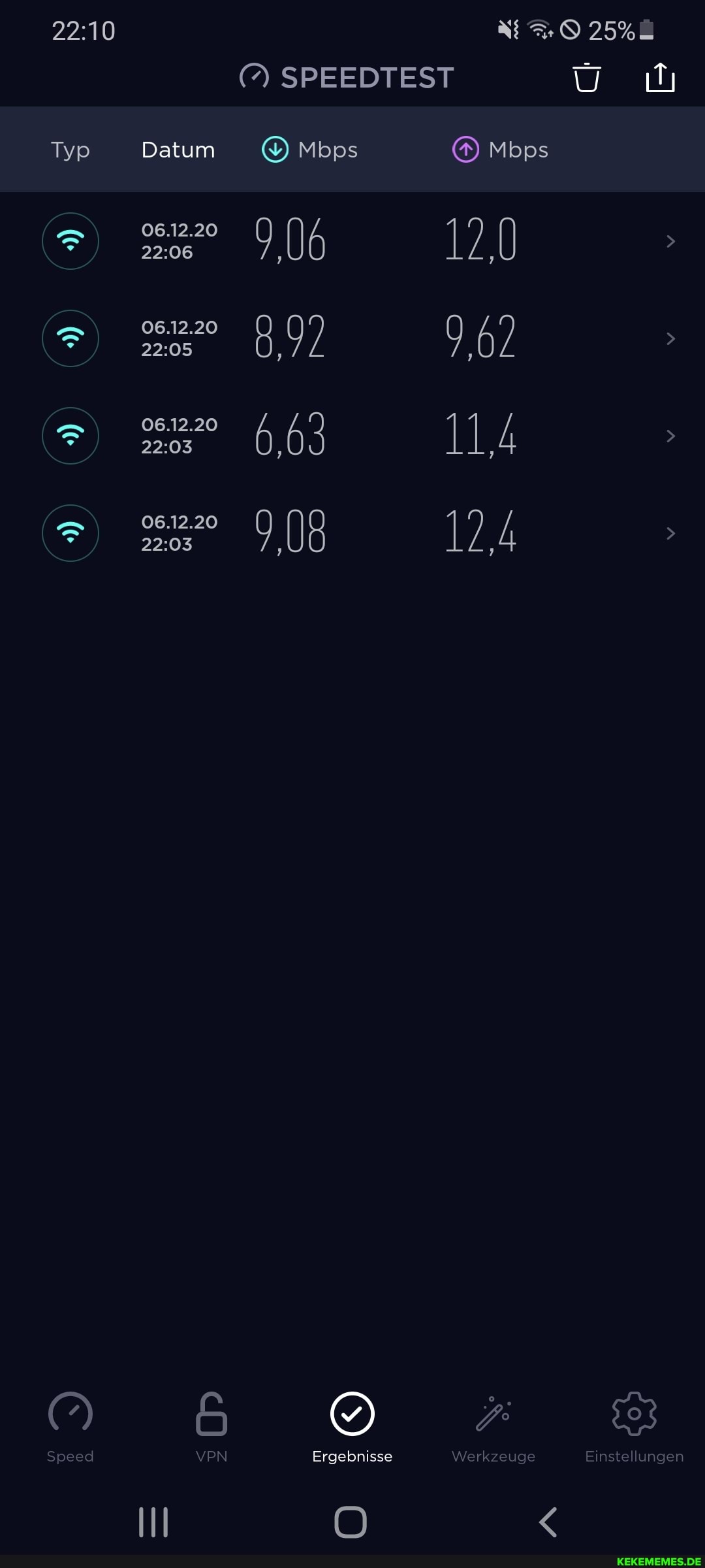 (N SPEEDTEST
Typ Datum [O) Mbps Mbps lo Ival
12,4
Speed VPN Ergebnisse Werkzeuge Einstellungen