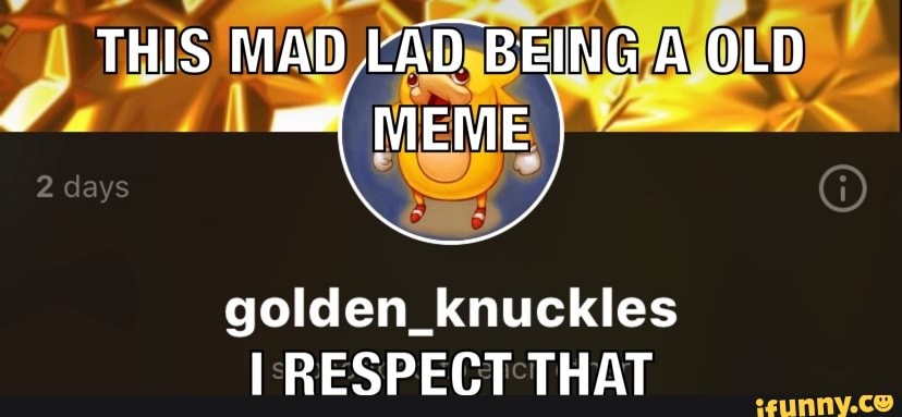 THIS MAD KAD BEING A OLD
MEME
golden_knuckles
RESPECT THAT