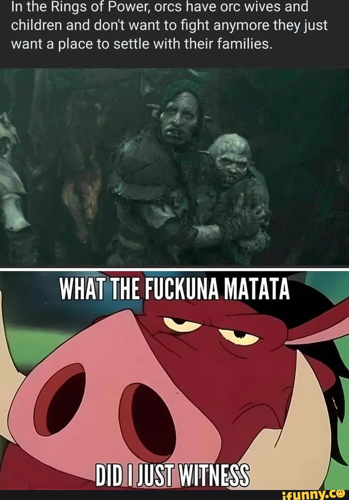 In the Rings of Power, orcs have orc wives and children and they don't want to fight anymore, they just want a place to settle with their families. WHAT THE FUCKUNA MATATA just saw