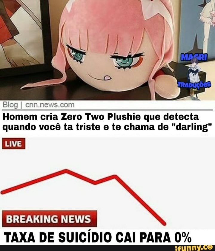 Blog I Homem cria Zero Two Plushie que detecta quando você ta triste e te chama de "darling"
BREAKING NEWS
TAXA DE SUICÍDIO CAI PARA 0%