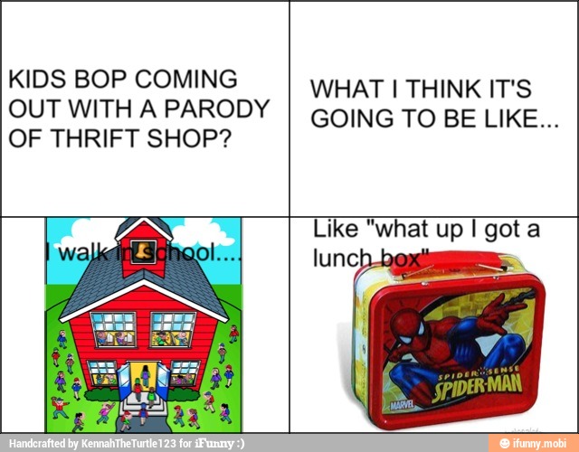 KIDS BOP COMING
OUT WITH A PARODY
OF THRIFT SHOP?
WHAT I THINK IT'S
GOING TO BE LIKE...
Like "what up I got a