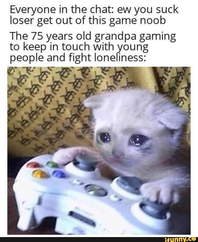Everyone in the chat: ew you suck
loser get out of this game noob
The 75 years old grandpa gaming
to keep in touch with young
people and fight loneliness:
KR a