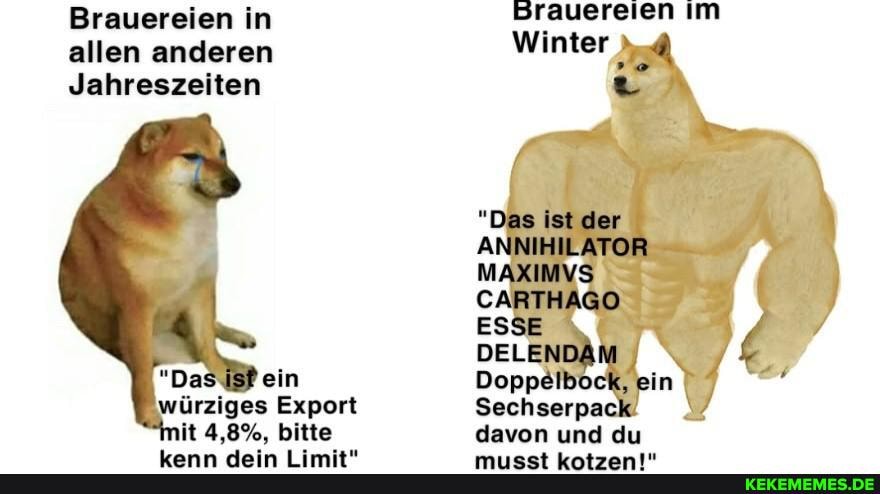 Brauereien in allen anderen
Jahreszeiten
\würziges Export
it 4,8%, bitte
Brauereien Im
Winter
"Das ist der
ANNIHILATOR MAXIMYS CARTHAGO
ESSE DELENDAM \
Doppelbock, ein I Sechserpack davon und du