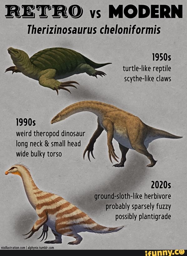 RETRO vs MODERN Therizinosaurus cheloniformis 1950s turtle-like reptile ...