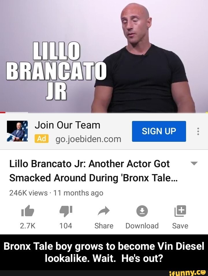 Lillo Brancato Jr: Another Actor Got
Smacked Around During 'Bronx Tale...
246K views 11 months ago
2.7K 104 Share Download Save
Bronx Tale boy grows to become Vin Diesel
lookalike. Wait. He's out? - Bronx Tale boy grows to become Vin Diesel lookalike. Wait. He's out?