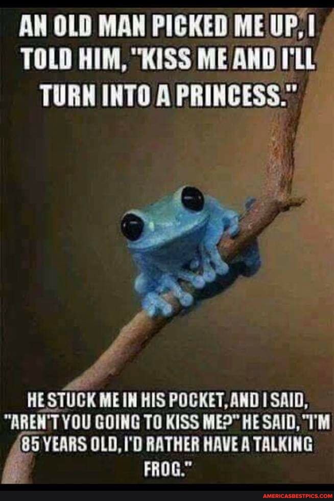 AN OLD MAN PICKED ME UP,
TOLD HIM, "KISS ME AND I'LL
TURN INTO A PRINCESS"
HE STUCK MEIN HIS POCKET, AND SAID,
"AREN'T YOU GOING TO KISS MEP" HE SAID,
(85 YEARS OLD, I'D RATHER HAVE A TALKING FROG."