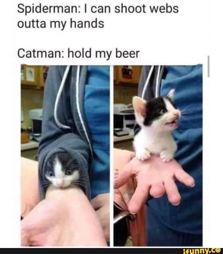 Spiderman: I can shoot webs
outta my hands
Catman: hold my beer