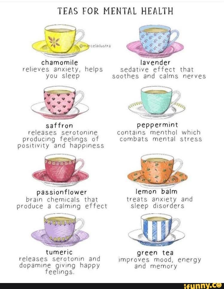 TEAS FOR MENTAL HEALTH chamomile relieves anxiety, helps you sleep saffron releases serotonine