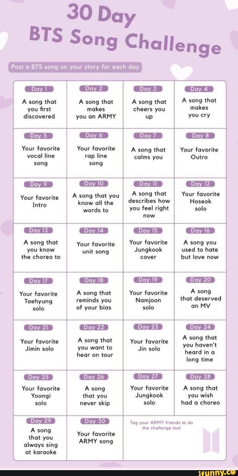 30 Day BTS Song Challenge Post A BTS Song On Your Story For Each Day At 