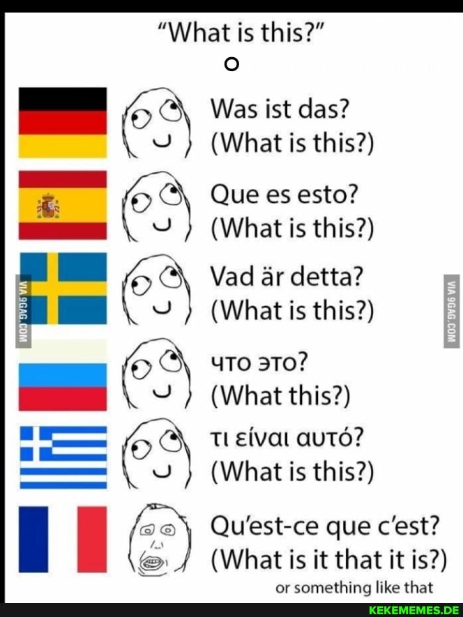"What is this?"
it
Was ist das?
(What is this?)
Que es esto?
(What is this?)
Vad ar detta?
(What is this?)
STO?
(What this?)
Tl Eival AUTO?
(What is this?)
Qu'est-ce que c'est?
(What is it that it is?)
or something like that