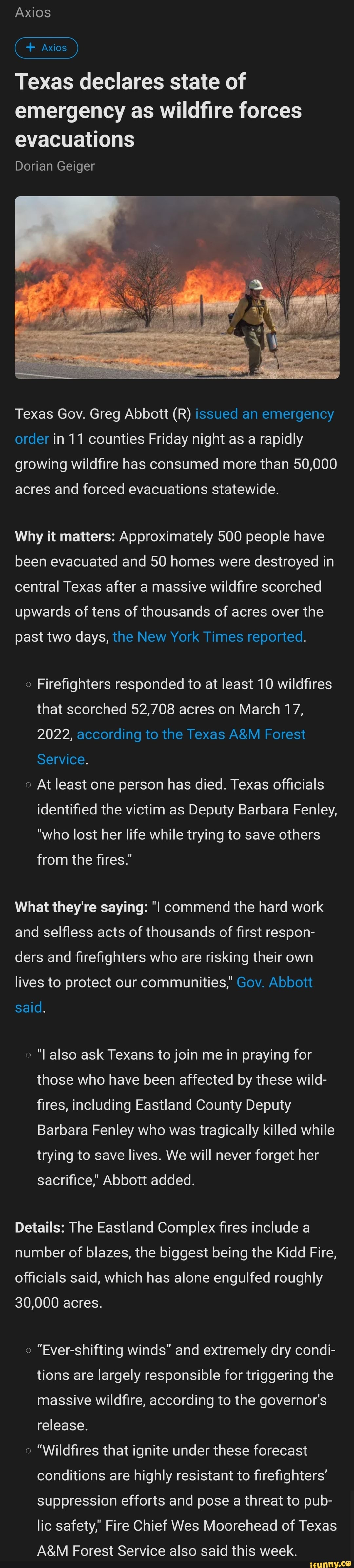 Texas declares state of emergency as wildfire forces evacuations Axios