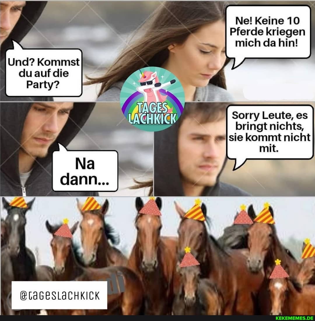 Ne! Keine 10
Pferde kriegen
i da in! mich da hin
Und? Kommst du auf die
Party?
@LaGESLACHKICK
Sorry Leute, es
bringt nichts,
mit.