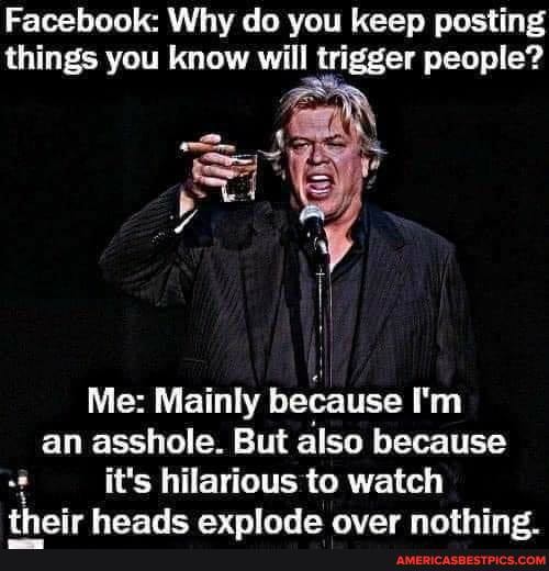 Facebook: Why do you keep posting things you know will trigger people?
Al
Me: Mainly because I'm an asshole. But also because
it's hilarious to watch thoir hoadc ayninda avar nnthing