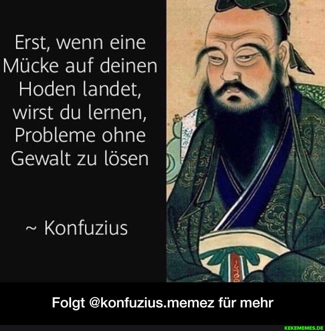 Erst, wenn eine
Mücke auf deinen
Hoden landet, wirst du lernen,
Probleme ohne
Gewalt zu lösen
" Konfuzius
Folgt @konfuzius.memez für mehr
