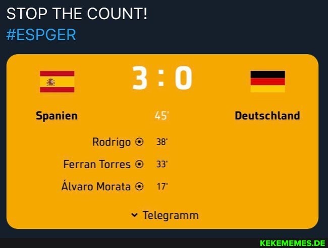 STOP THE COUNT!
ZESPGER
Spanien Oeutschland
Rodrigo 38
Ferran Torres 33
Alvaro Marata 17
Telegramm