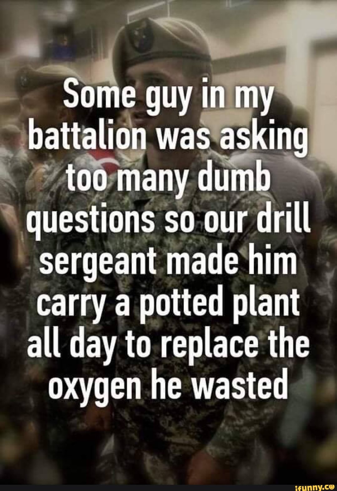 ue, dumb questions so our
drill
sergeant made him
carry a potted plant
all day to replace the
oxygen he wasted