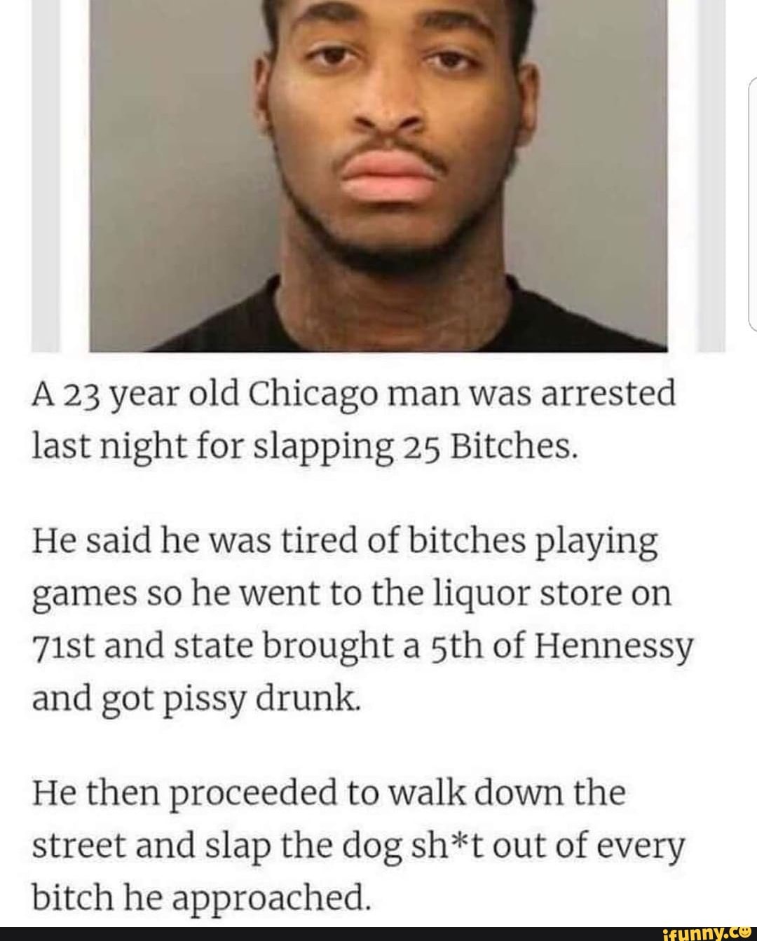 A 23 year old Chicago man was arrested last night for slapping 25 Bitches.
He said he was tired of bitches playing games so he went to the liquor store on
71st and state brought a of Hennessy and got pissy drunk.
He then proceeded to walk down the street and slap the dog sh*t out of every bitch he approached.