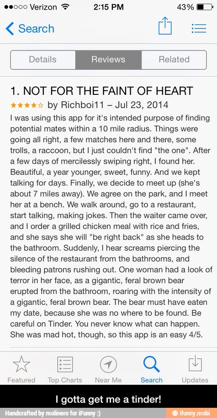 Search
1. NOT FOR THE FAINT OF HEART
Jul 23, 2014
I was using this app for it's intended purpose of finding
potential mates within a 10 mile radius. Things were
going all right, a few matches here and there, some
trolls, a raccoon, but I just couldn't find "the one". After
a few days of mercilessly swiping right, I found her.
Beautiful, a year younger, sweet, funny. And we kept
talking for days. Finally, we decide to meet up (she's
about 7 miles away). We agree on the park, and I meet
her at a bench. We walk around, go to a restaurant,
start talking, making jokes. Then the waiter came over,
and I order a grilled chicken meal with rice and fries,
and she says she will "be right back" as she heads to
the bathroom. Suddenly, I hear screams piercing the
silence of the restaurant from the bathrooms, and
bleeding patrons rushing out. One woman had a look of
terror in her face, as a gigantic, feral brown bear
erupted from the bathroom, roaring with the intensity of
a gigantic, feral brown bear. The bear must have eaten
my date, because she was no where to be found. Be
careful on Tinder. You never know what can happen.
She was mad hot, though, so this app is an easy 4/5.
I gotta get me a tinder! - I gotta get me a tinder!