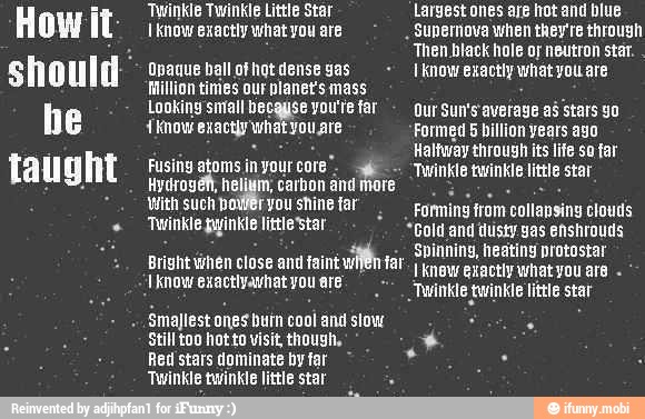Twinkle Twinkle Little Star
I know exactly what you are
Opaque ball ot hot dense gas
Million times our blanets mass
Looking small because you're far
iknow exactly what you are
Fusing atoms in your core É E
Hydroyéh, helium, carbon and more
With such power you shine far
Twinkle gwinkle little'star
Bright den close and faint
tr
'know exactivavhat you are
Smajlest ones buin cool and slow
Still too hot to visit, though,
Red! stars dominate by far
Twinkle twinkle little star
Largest ones aye hot and blue
Sunemova when they're through
Then black hole oy neutron star.
I know exactly what you are
Our Sun's average as stars yo
Formed
5 billion years ago
Haltway through its life so tar
'Twinkle twinkle little star
Formins from collapsing clouds
"Cold and tlusty yas enshrouds
Spinning, heating protostar
I knew exactly what you are
Twinkle twinkle little star