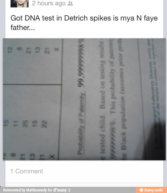 Got DNA test in Detrich spikes is mya N faye
IAN