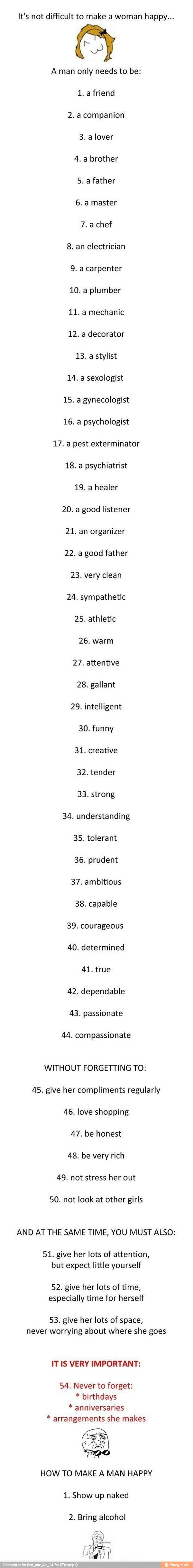 It's not difficult to make a woman happy...
a
A man only needs to be:
6. a master
7.a chef
plumber
13. a stylist
sexologist