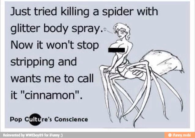 Just tried killing a spider with
glitter body spray." ta
Now it won't stop
stripping and
wants me to call I
it "cinnamon".
Pop
cies Conscience