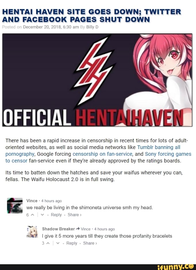Hentai haven site goes down; twitter and facebook pages shut down.
