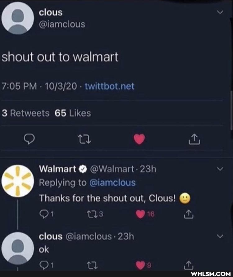 clous
shout out to walmart
PM net
Walmart @ @Walmart-
Replying to @iamclous
Thanks for the shout out, Clous! @
clous @iamclous ok ff\ any r