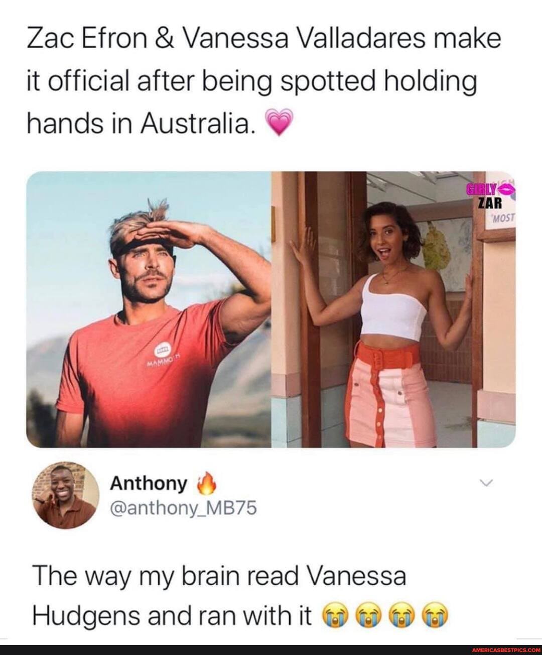 Zac Efron & Vanessa Valladares make it official after being spotted holding hands in Australia. @
4 Anthony
@anthony_MB75
The way my brain read Vanessa
Hudgens and ran with it