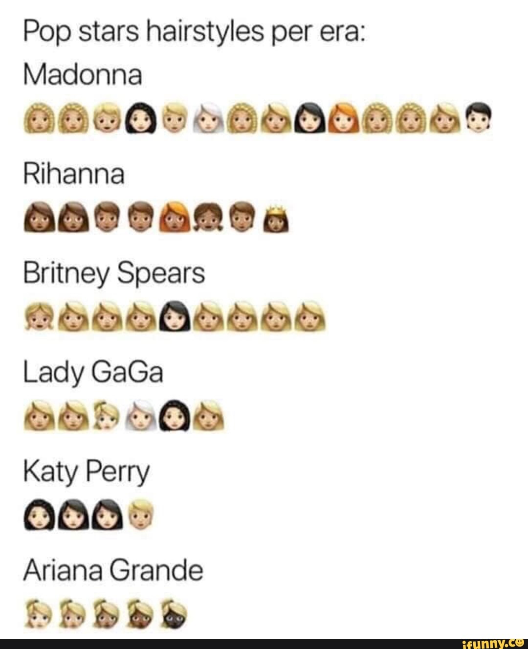 Pop stars hairstyles per era: Madonna Rihanna Britney Spears Lady GaGa Katy  Perry anus Ariana Grande - iFunny