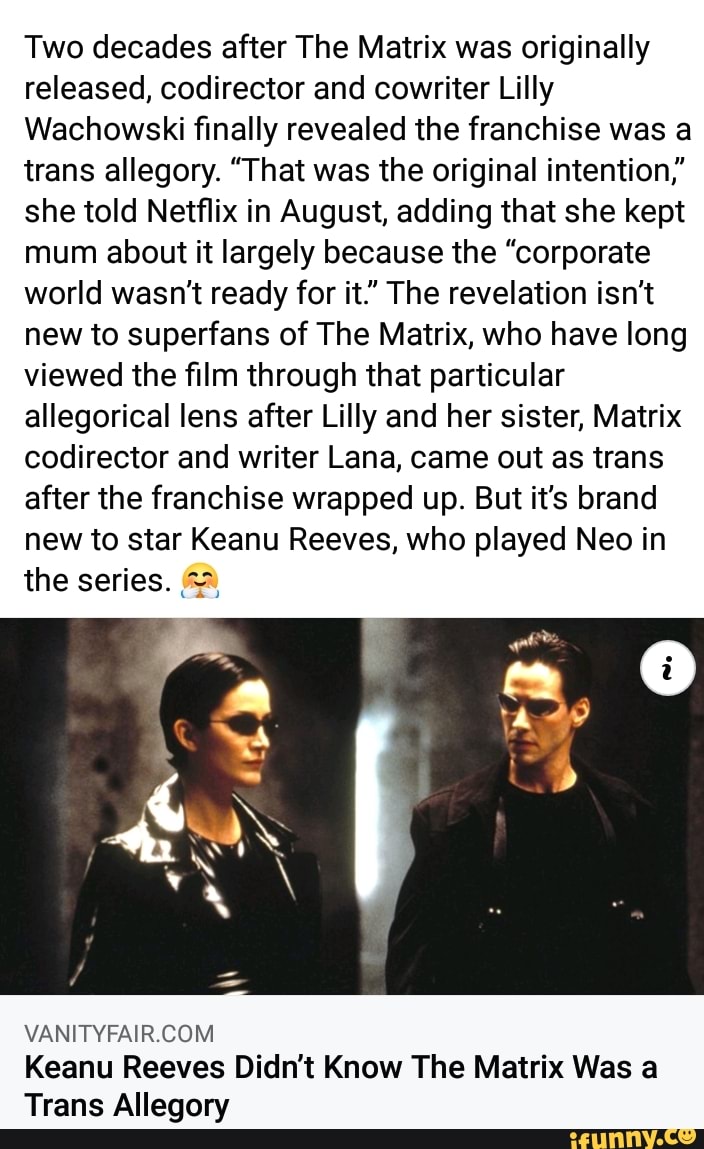 Two decades after The Matrix was originally released, codirector and