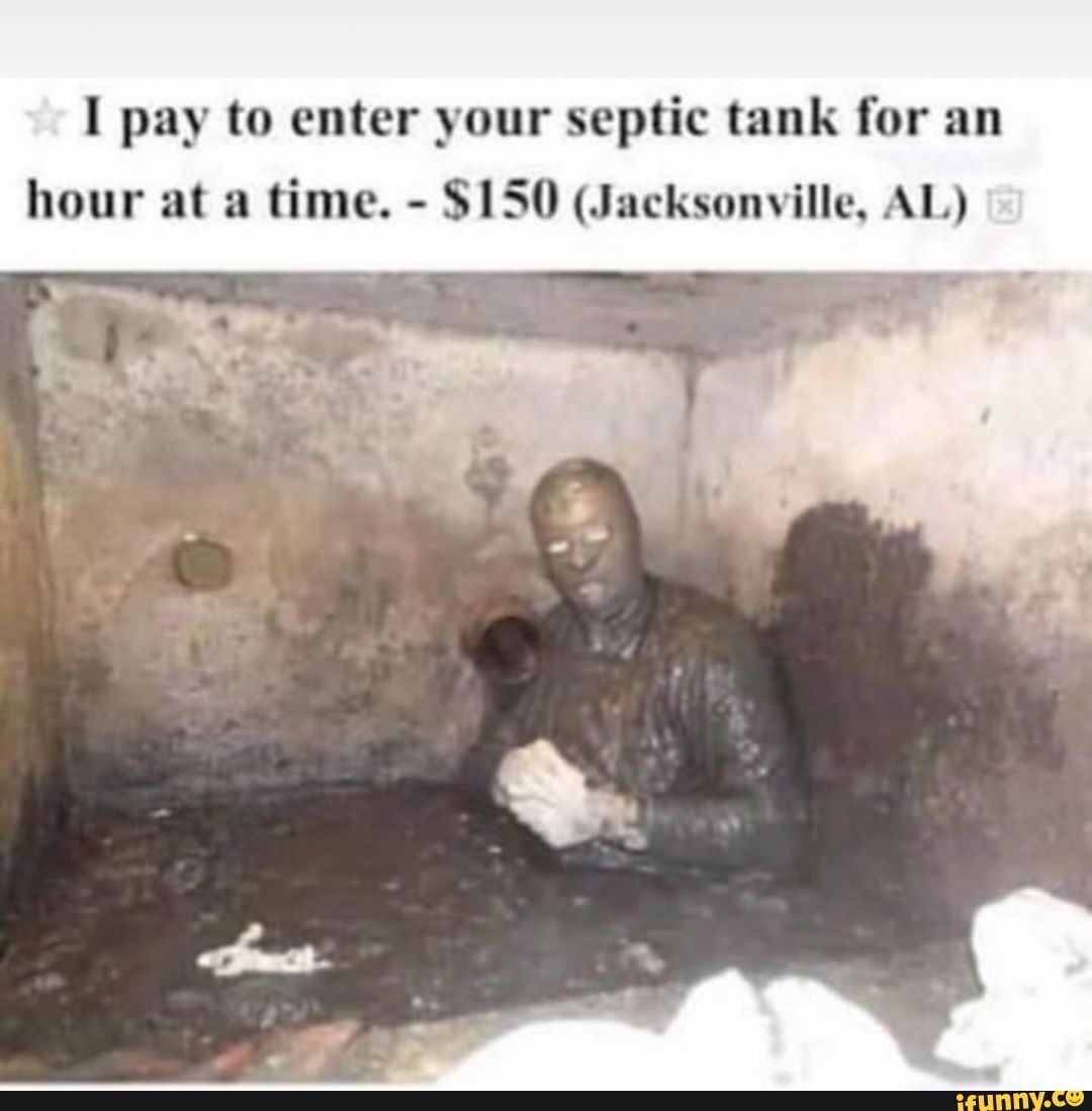 pay to enter your septic tank for an
hour at a time. - $150 (Jacksonville, AL)