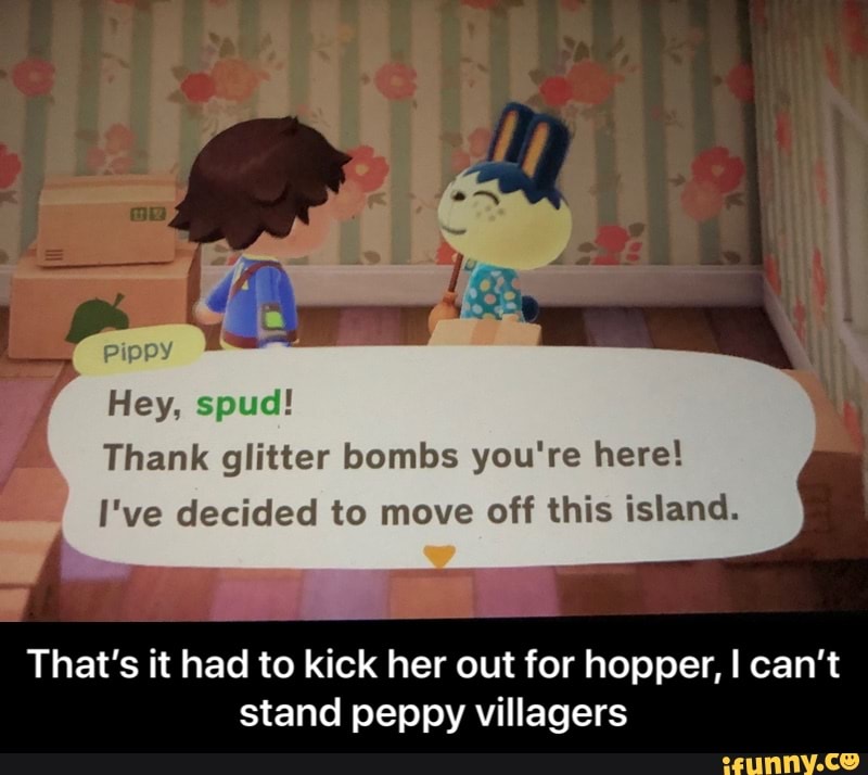 Thank glitter bombs you're here!
I've decided to move off this island.
That's it had to kick her out for hopper, I can't
stand peppy villagers - That’s it had to kick her out for hopper, I can’t stand peppy villagers