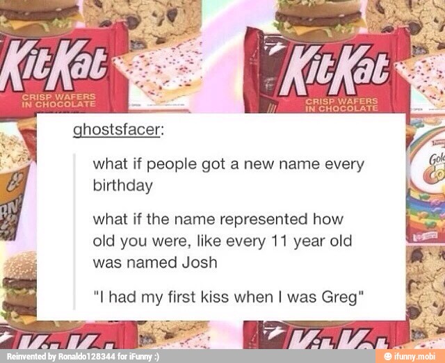 what if people got a new name every rg
birthday
what if the name represented how
old you were, like every 11 year old
was named Josh
"I had my first kiss when I was Greg"