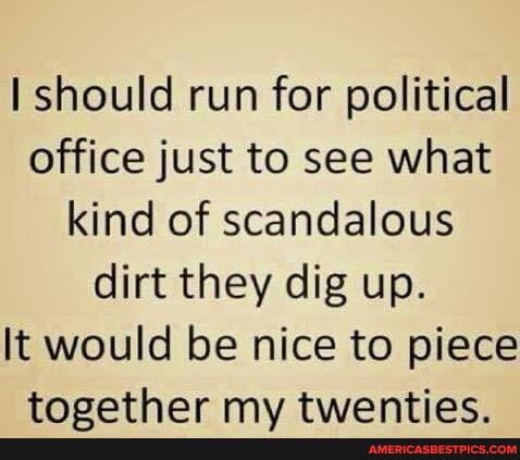 should run tor political office just to see what kind of scandalous dirt they dig up.
It would be nice to piece ar my ac
