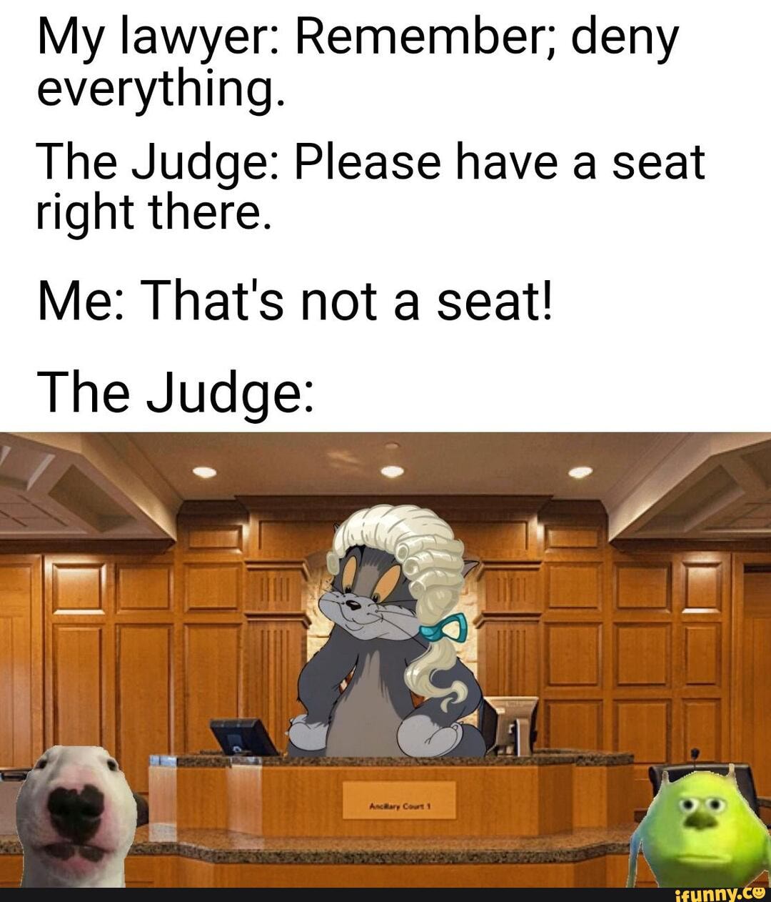 My lawyer: Remember; deny everything.
The Judge: Please have a seat right there.
Me: That's not a seat!
The Judge: