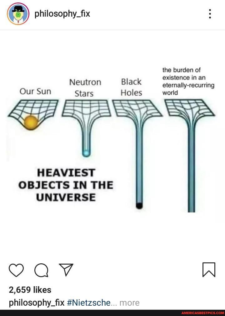 philosophy_fix
the burden of existence in an
Neutron Black eternally-recurring
Our Sun Stars Holes world
HEAVIEST OBJECTS IN THE UNIVERSE
VAV W
2,659 likes
nhilaeanhy fiv #Nintgernhon maro
