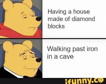 Having a house
made of diamond
blocks
Walking past iron
in a cave
