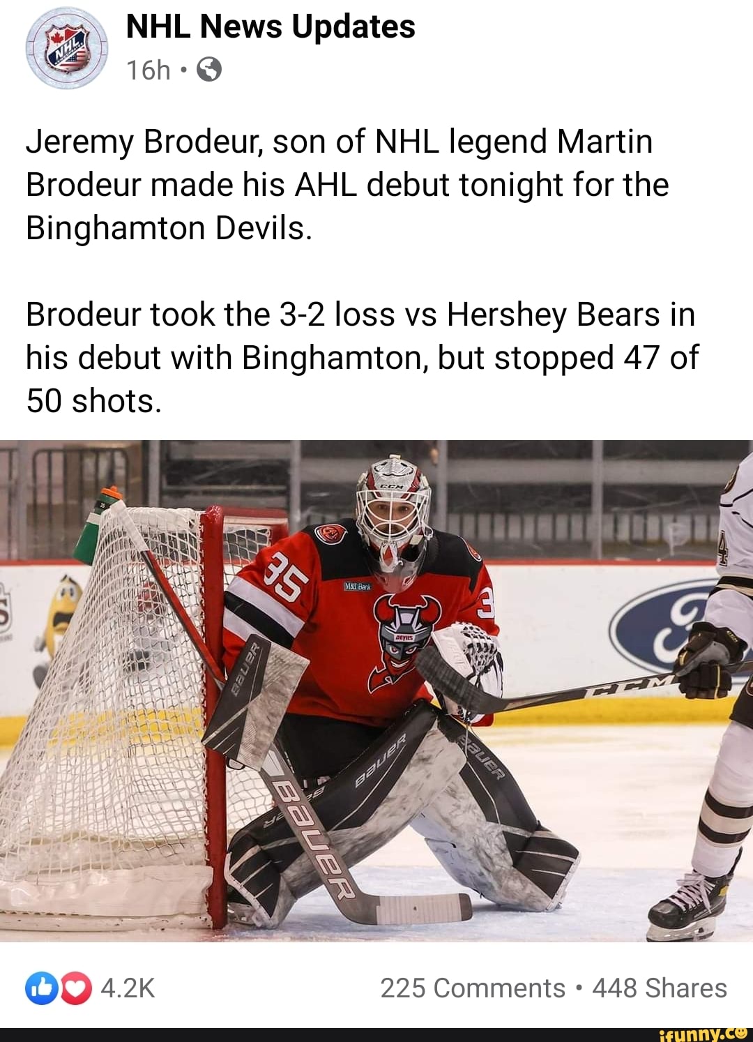 AHL - Jeremy Brodeur made 47 saves in his AHL debut last