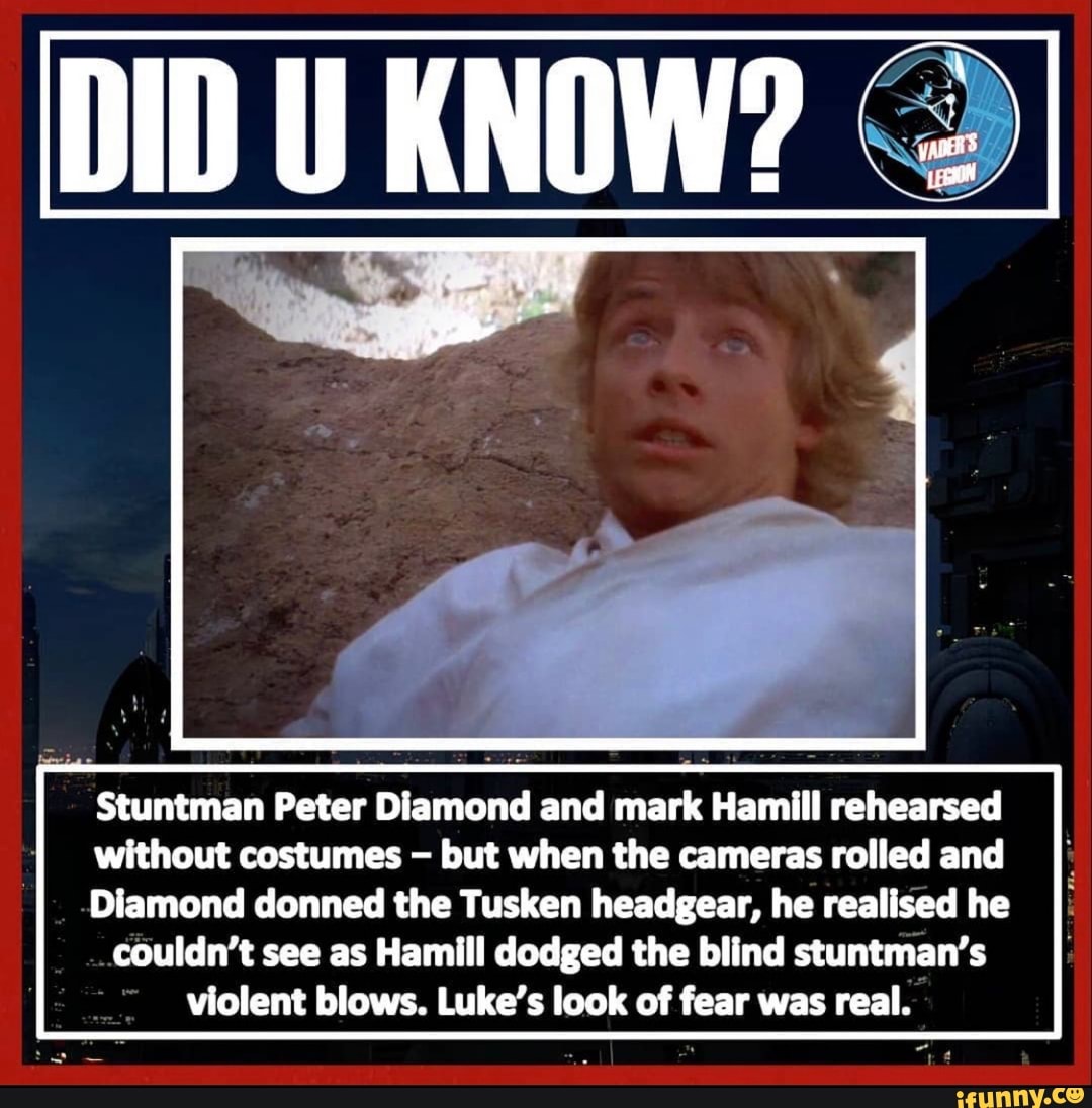 Stuntman Peter Diamond and mark Hamill rehearsed
without costumes but when the cameras rolled and
Diamond donned the Tusken headgear, he realised he
couldn't see as Hamill dodged the blind stuntman's
violent blows. Luke's look of fear was real.
