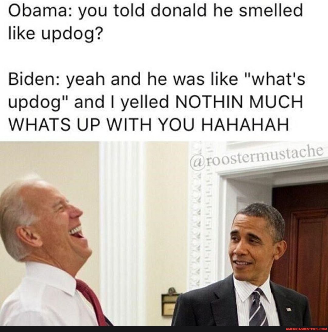 Obama: you told donald he smelled like updog?
Biden: yeah and he was like "what's updog" and I yelled NOTHIN MUCH WHATS UP WITH YOU HAHAHAH