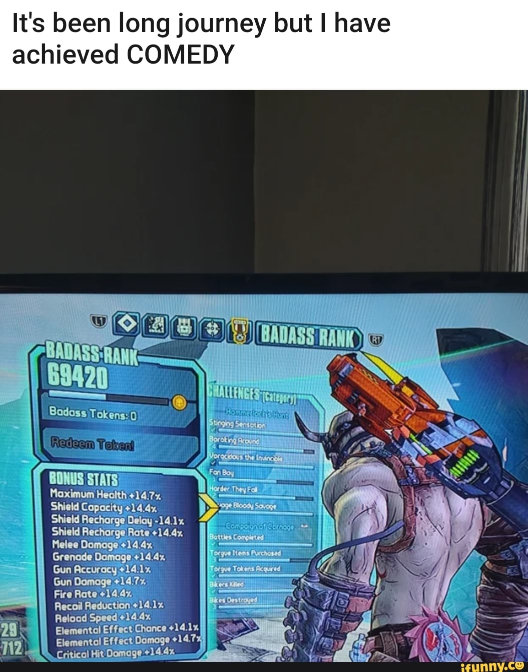 It's been long journey but I have
achieved COMEDY
69420
Serdaten the
Maximum Heolth +147
Shield Copacity's14'4x. PSE Shield Recharge Delay -14.1%
Shield Recharge
Melee ties Covonted
Grenade Damage
Gun
Gun
I Fire Rate +14'4x
Recoil
Reload
29 _Elemental Effect chonce +14.1%
112 Elementol Critical Effect Hit Damage Domage +14.7%
Critical Hit Domage
