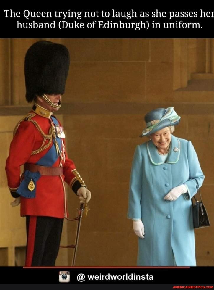 The Queen trying not to laugh as she passes her husband (Duke of Edinburgh) in uniform.
@weirdworldinsta