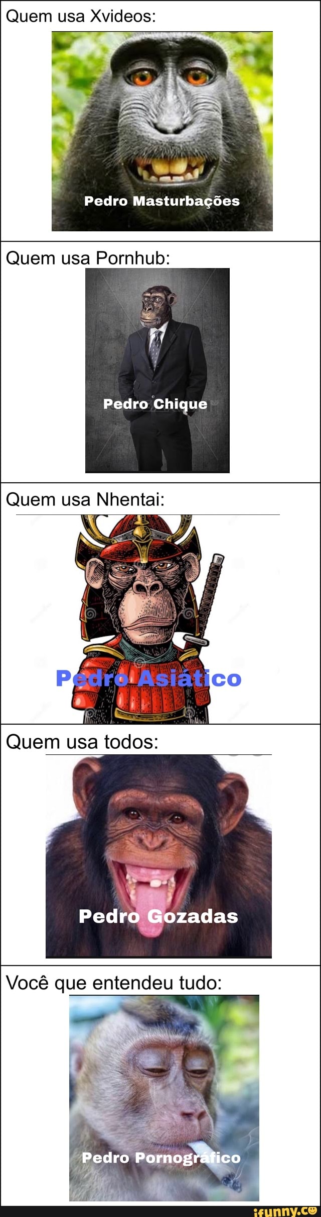 Quem usa Xvideos:
Pedro Masturbações
Quem usa Pornhub:
Pedro Chique
Quem usa Nhentai:
Quem usa todos:
Pedro Gozadas
Você que entendeu tudo:
Pedro Pornográfico