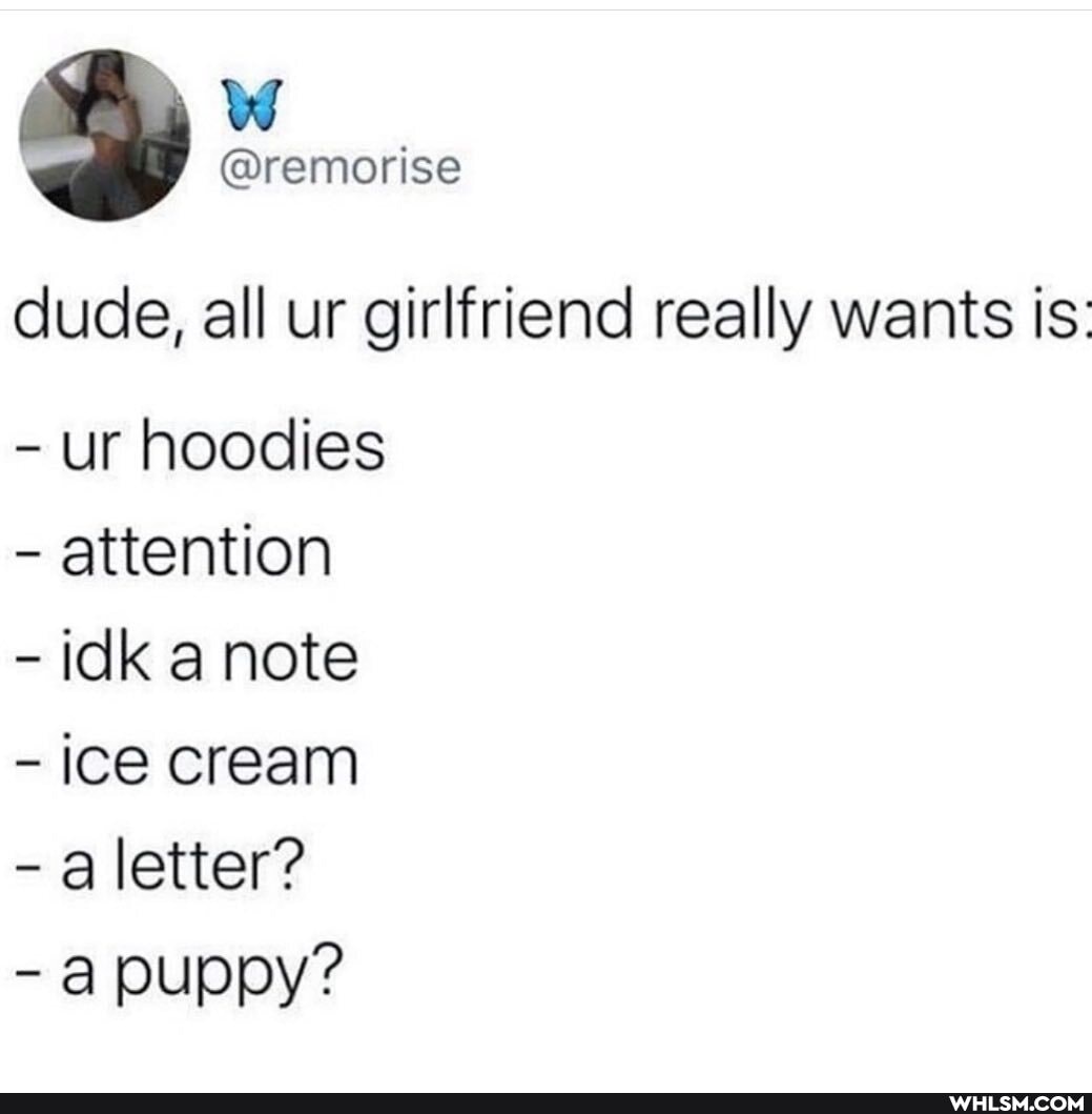 " Ww
dude, all ur girlfriend really wants is:
- ur hoodies
- attention
- idk note
- ice cream
- a letter?
- a puppy?