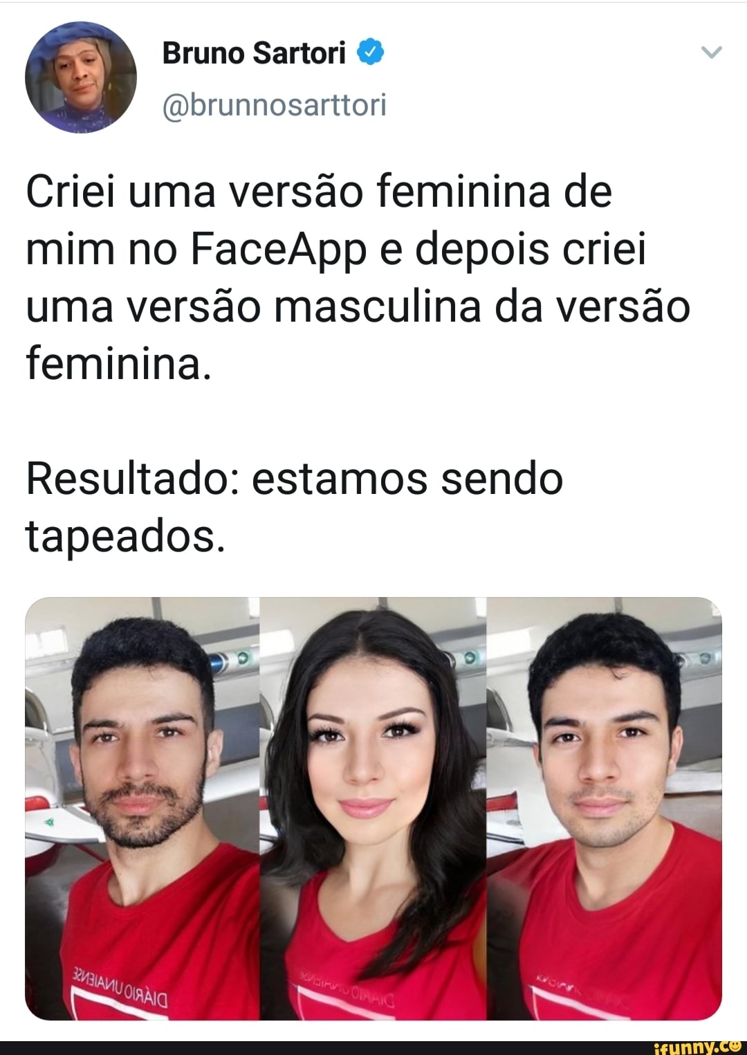Criei uma versao feminina de
mim no FaceApp e depois criei
uma versão masculina da versão
feminina.
Resultado: estamos sendo
tapeados.